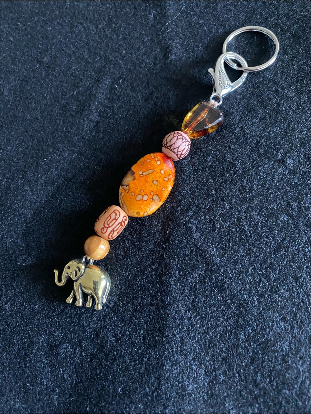 Beaded Elephant Keychain with Orange Accent Bead